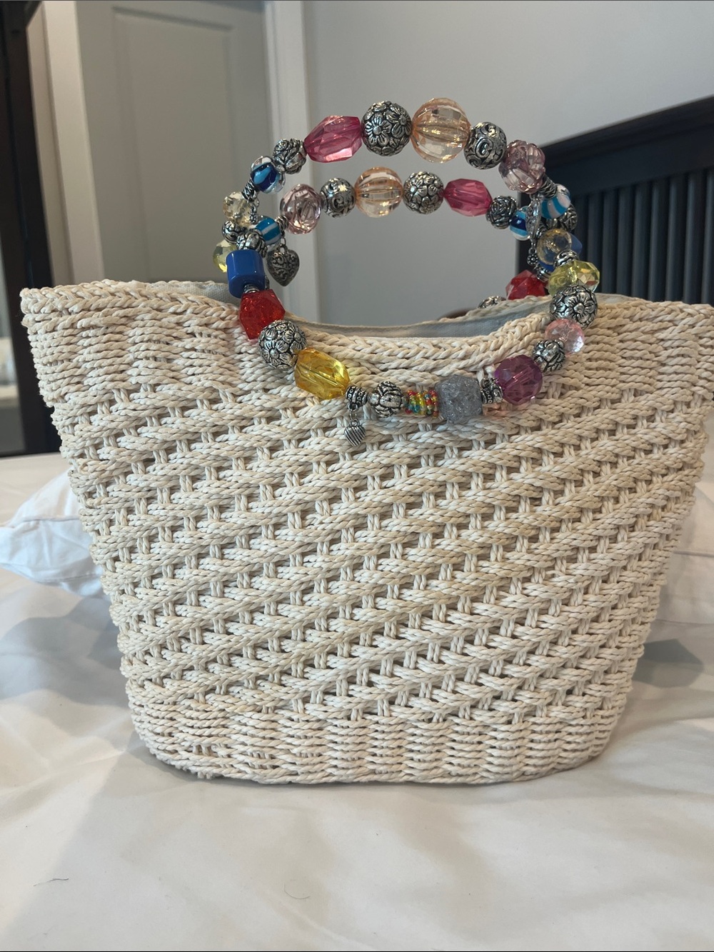 Cappelli Straworld Cream Woven Tote with Colorful Beaded Handles